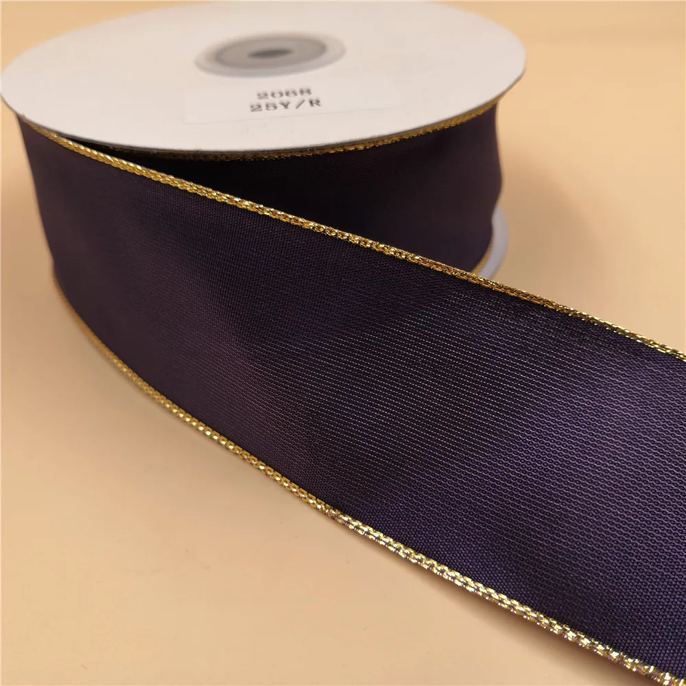 

38MM X 25yards Purple Wired Ribbon with Gold Lurex Edges for Gift Wrapping N2068