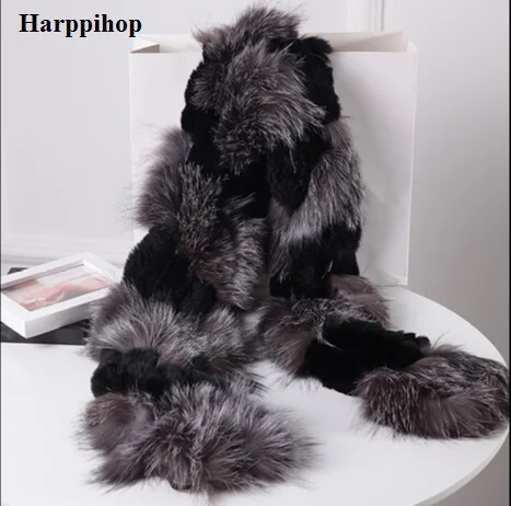 Harppihop серебро меха лисы черный цвет Новый c/w шарф из кролика рекс с накидкой
