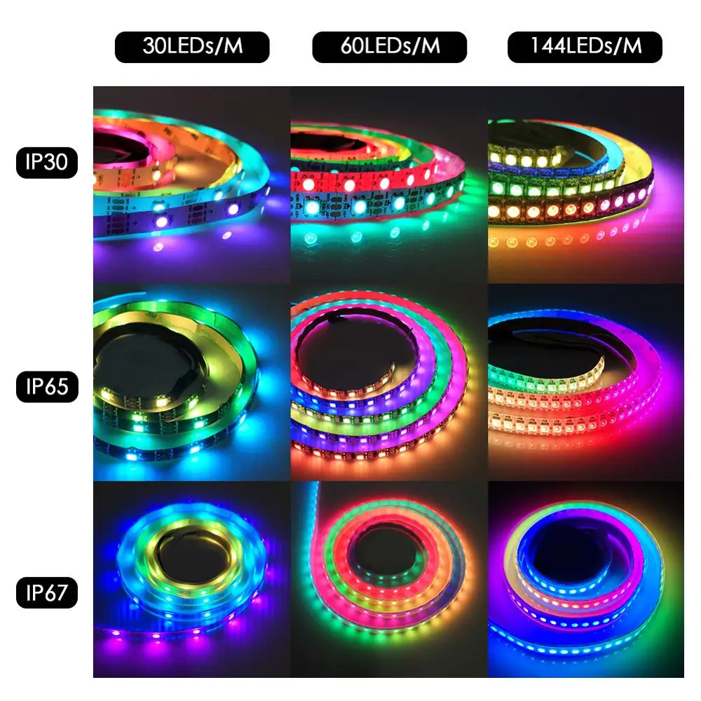 WS2812B DC 5 В Светодиодная лента RGB 50 см 1 м 2 м 3 м 4 м 5 м 30/144 светодиодный s умный адресуемый пиксель чёрно-белые печатные платы WS2812 IC 17Key Bar