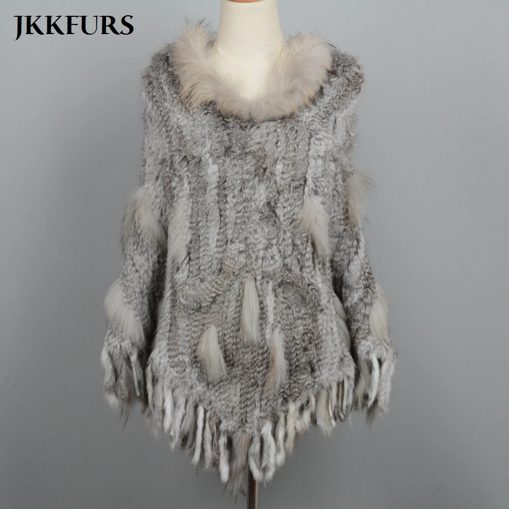 JKKFURS пончо из натурального кроличьего меха женский воротник енота накидки с