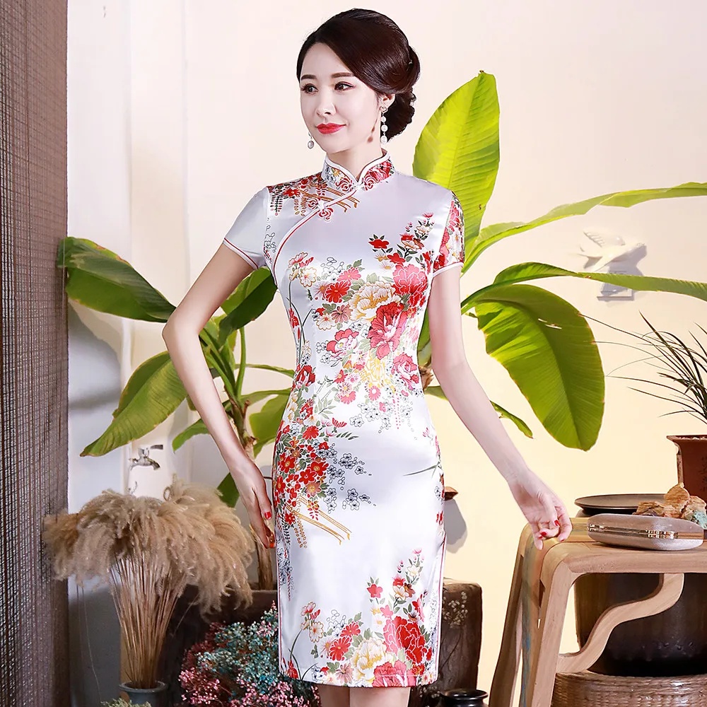 

White Elegant Slim Female Satin Cheongsam Vintage Chinese Style Dress Gown Plus Size Print Flower Short Qipao 3XL 4XL 5XL 6XL
