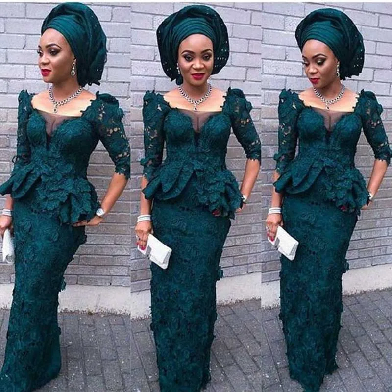 

High Quality Nigeria African Half Sleeves Evening Dresses Teal Lace Mermaid Prom Dresses Vestido de festa Longo Formal Wear
