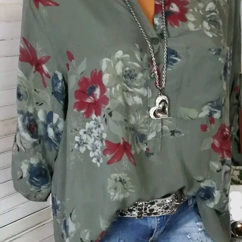 Весна-лето 2020 женская блузка модная большого размера с принтом v-образный вырез