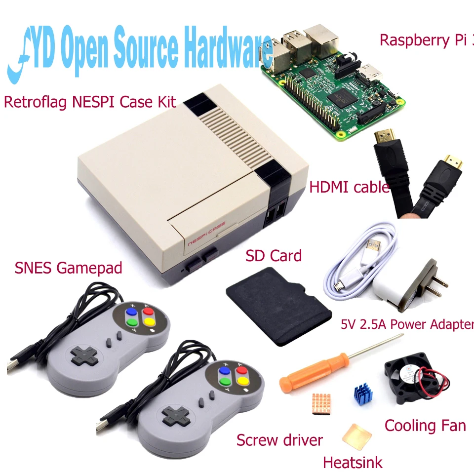 Чехол NESPI с картой Raspberry Pi 3 + 16 ГБ вентилятором 2 шт. геймпад SNES адаптер питания