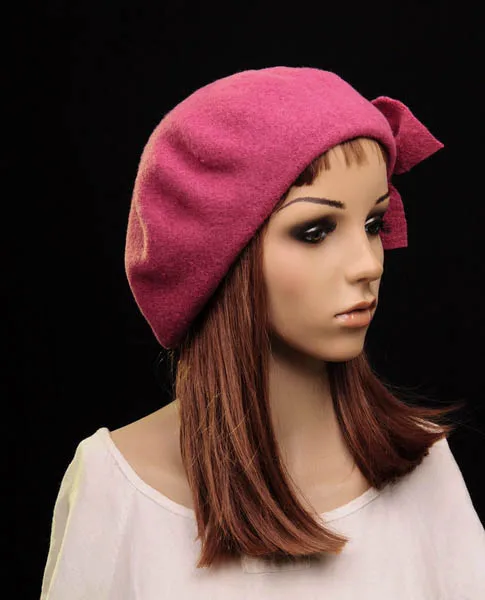 

M332 Rose-Red Cute Bow All-Purpose Wool Winter Hat Beanie Beret Cap Women's New
