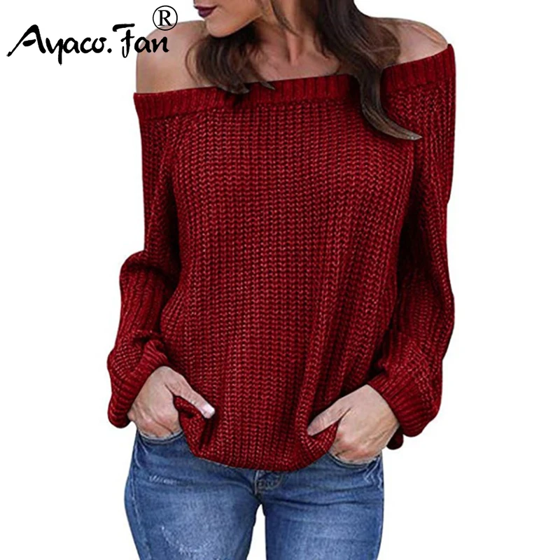 Pullovers 2019 Autumn Winter New Solid Off Shoulder Lantern Sleeve Knitted Sweaters for Women Female Lady Loose Pull Plus Size | Женская