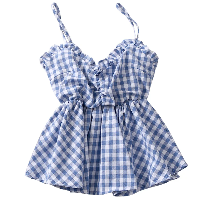 GUUZYUVIZ Camiseta Tirantes Mujer сексуальные винтажные клетчатые женские оборки без рукавов с v-образным вырезом летние топы