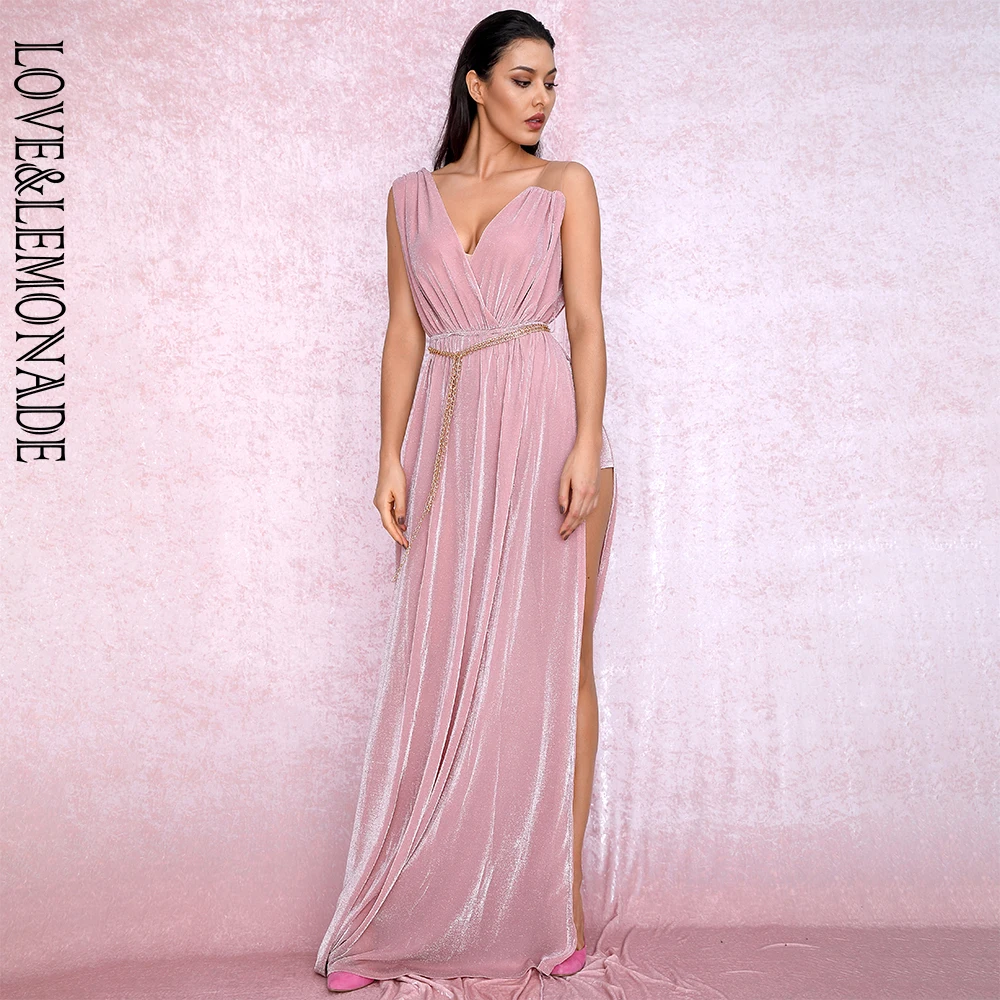 LOVE& LEMONADE сексуальное розовое с глубоким v-образным вырезом декоративная металлическая цепь с Боковым Разрезом Макси платье LM81720