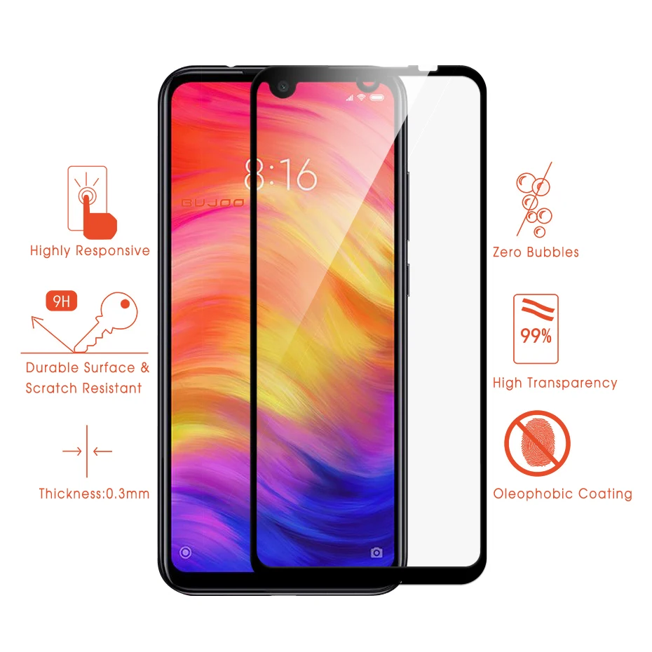 BUJOO высокоотзывчивое черное полное покрытие из закаленного стекла для Xiaomi Redmi Note 7 Xiomi защита экрана