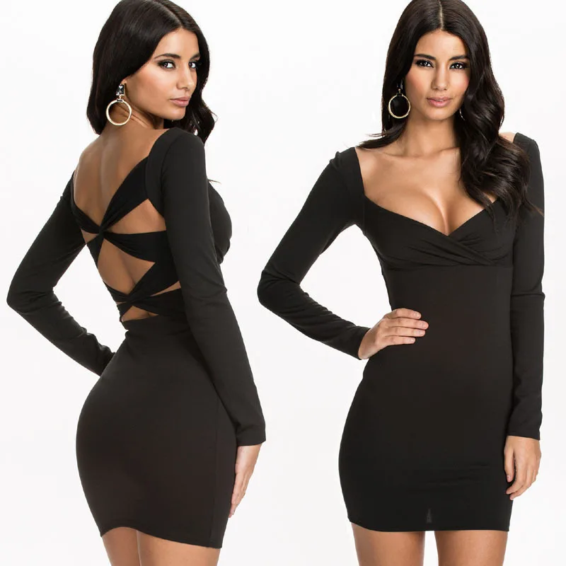 Сексуальные вечерние платья 2016 зимнее черное Бандажное платье с длинным рукавом