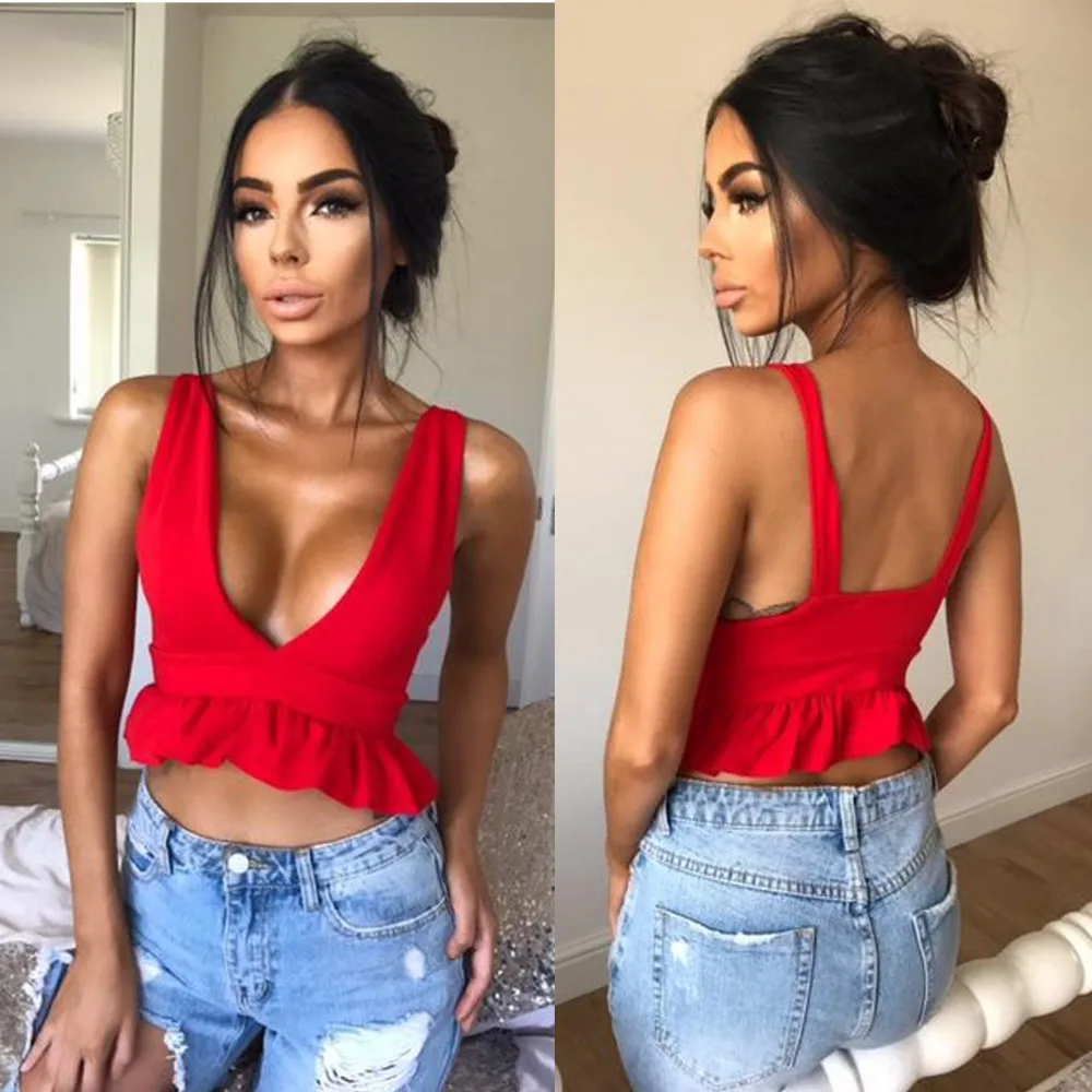 Женский укороченный топ без рукавов повседневная Облегающая майка с оборками и