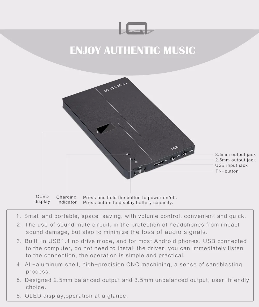 Зазор SMSL IQ USB HI-RES усилитель для наушников с ЦАП DSD512 PCM 768 кГц встроенный заряжаемый аккумулятор 2,5 мм и 3,5 мм выход