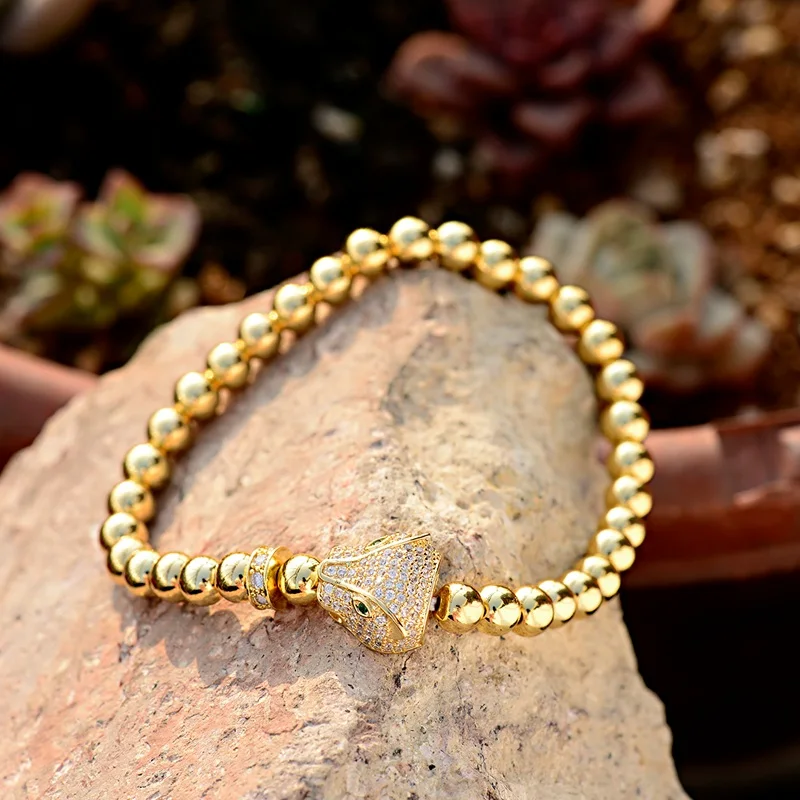 2019 Trendy Men Elastic Bracelets White Micro Pave CZ Leopard Charm &amp Bangles Male Beads Jewelry Gift ABL045 | Украшения и