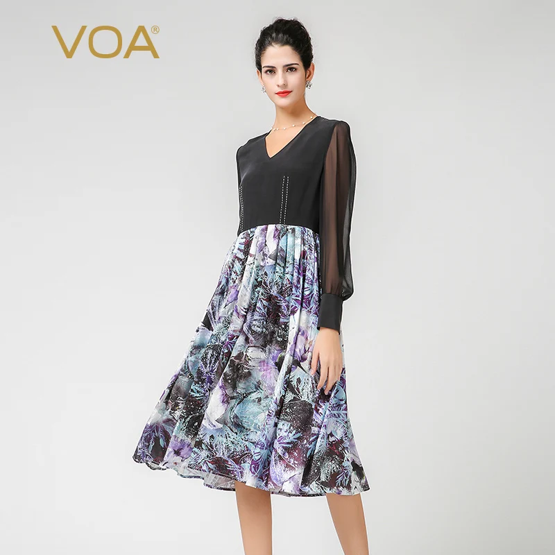 VOA женское шелковое черное Цветочное платье средней длины в стиле пэчворк A7379|dresses