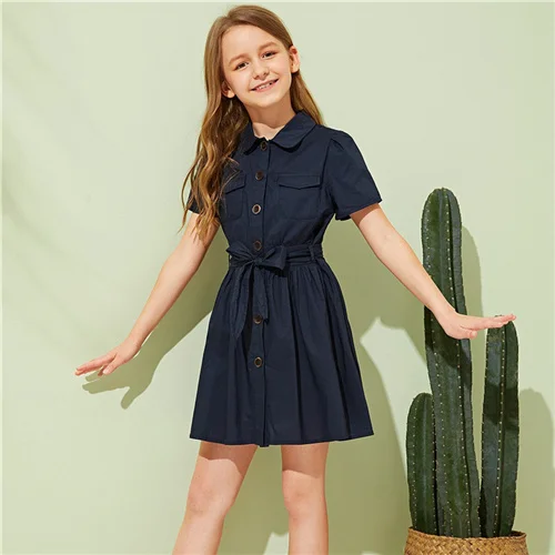 Navy SHEIN Kiddie/платье-рубашка с одной пуговицей спереди и поясом для девочек; коллекция года; летнее короткое платье с короткими рукавами и двумя карманами для детей - Цвет: Navy