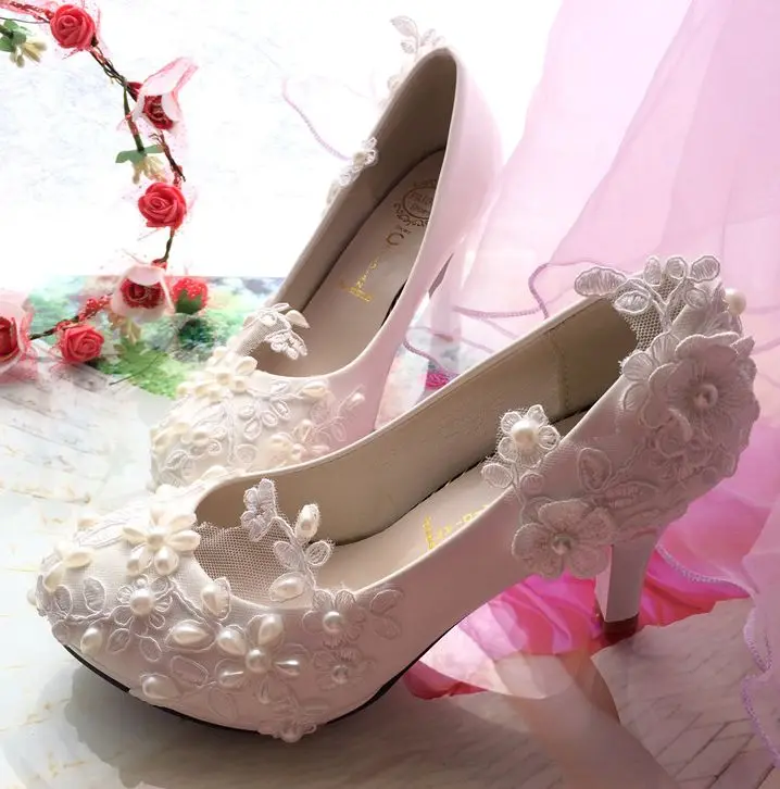 Кружевные жемчужные белые свадебные туфли женские модные больших размеров для