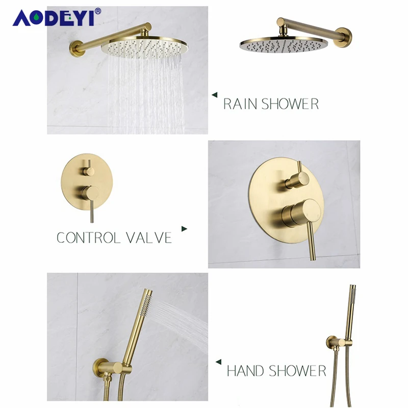 solid brass brushed gold bathroom rianfall shower head bath faucet set wall mounted shower arm mixer water set 8 12inch free global shipping