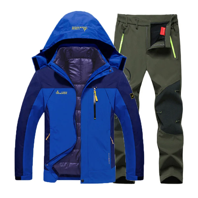 Blue Army Green set 6XL костюм размера плюс для походов, Походов, Кемпинга, катания на лыжах, альпинизма 3 в 1, уличные куртки, набор для мужчин, зимние водонепроницаемые рыболовные термо брюки - Цвет: Blue Army Green set