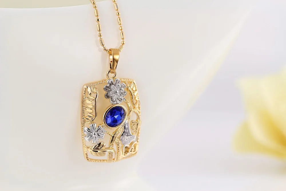 Exclusive Blue Empress Square Necklace Gold Color With Hollow Rectangle Sliver Stud Earrings Women Jewelry Sets|necklace white gold|gold artnecklace