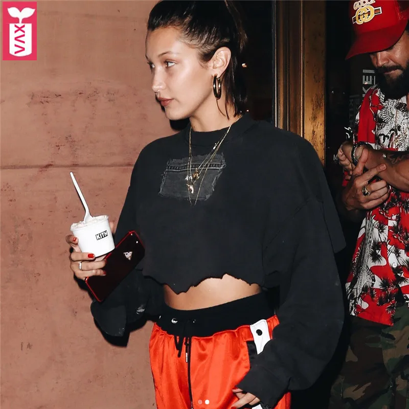 Супер модный Hi Q хлопок длинный рукав черный Midriff свитшоты женские хип хоп