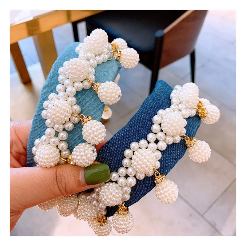 Luxury Denim Wide Pearl Headbands Baroque Ball Pendant Crown Blue Turban Party Show Hairbands Gifts for Women