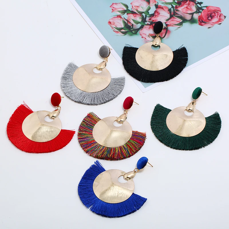 

Bohemian ethnic velvet Filigree metal pendant Earrings for women Exquisite Ornate Wire Drop Fan Shape Tassel Charm Earrings