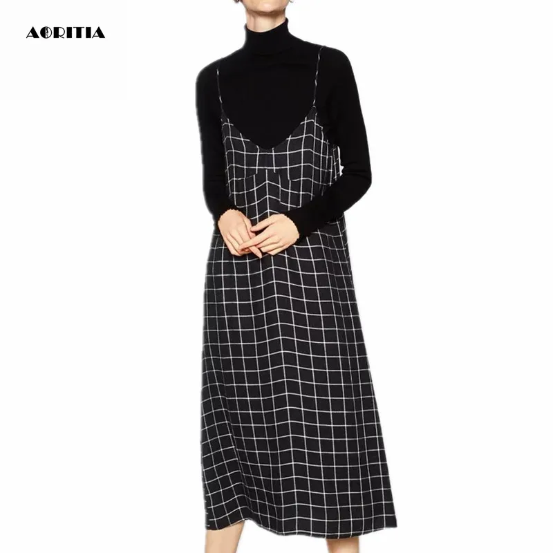 2017 женщин весной v-образным вырезом Спагетти ремень плед платья без рукавов