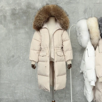 beige wiht brown fur Пуховик для женщин, зимняя утепленная куртка с воротником из натурального меха енота, пальто с капюшоном, женская меховая куртка, Повседневная Свободная парка, верхняя одежда - Цвет: beige wiht brown fur