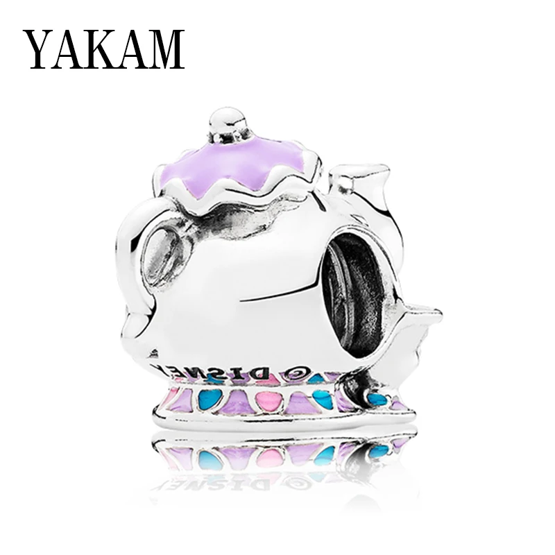 Fit Original Pandora Charms Bracelet Cartoon Purple Enamel Disny Traditions Mrs. Potts Smile Teapot Beads Women Jewelry Berloque