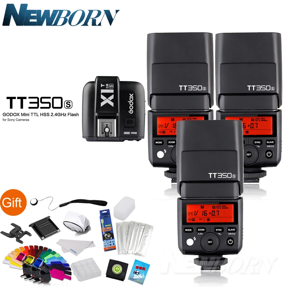 

Camera Flash Godox 3*TT350S Flash Speedlite 2.4G Wireless Master & Slave 1/8000S HSS TTL +X1T-S Flash Trigger for Sony