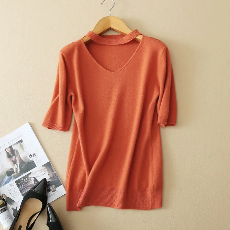 Women 100% Wool Sweater Autumn Fashion V-neck Short Sleeve Pullovers Knitted Sweaters S-XXL | Женская одежда