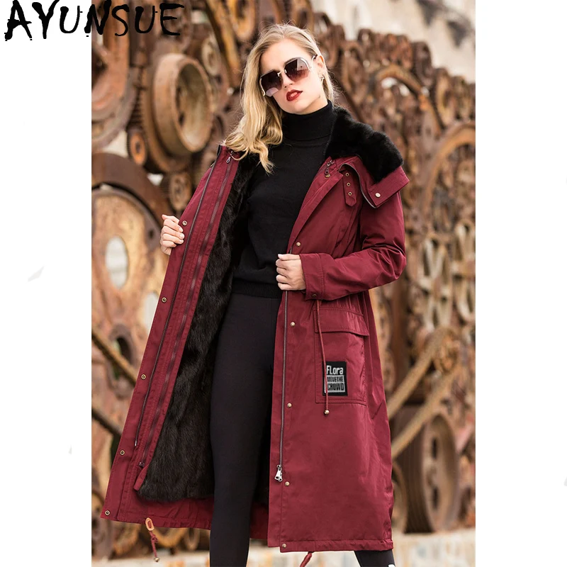 AYUNUSE Real Fur Parka 2020 Winter Jacket Women Luxury Natural Mink Coat Female Korean Long Trench Coats Warm Outwear MY3621 | Женская