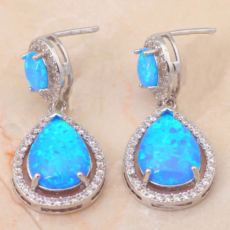 Женские серебряные висячие серьги с голубым огненным опалом бижутерия OE280A |