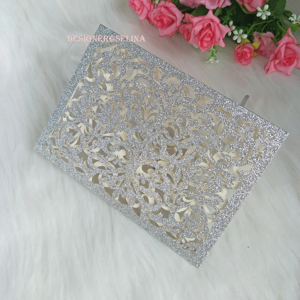 Серебряный блеск Лазерная резка приглашения для свадьбы Quinceanera сладкий 16th день рождения Приглашаем
