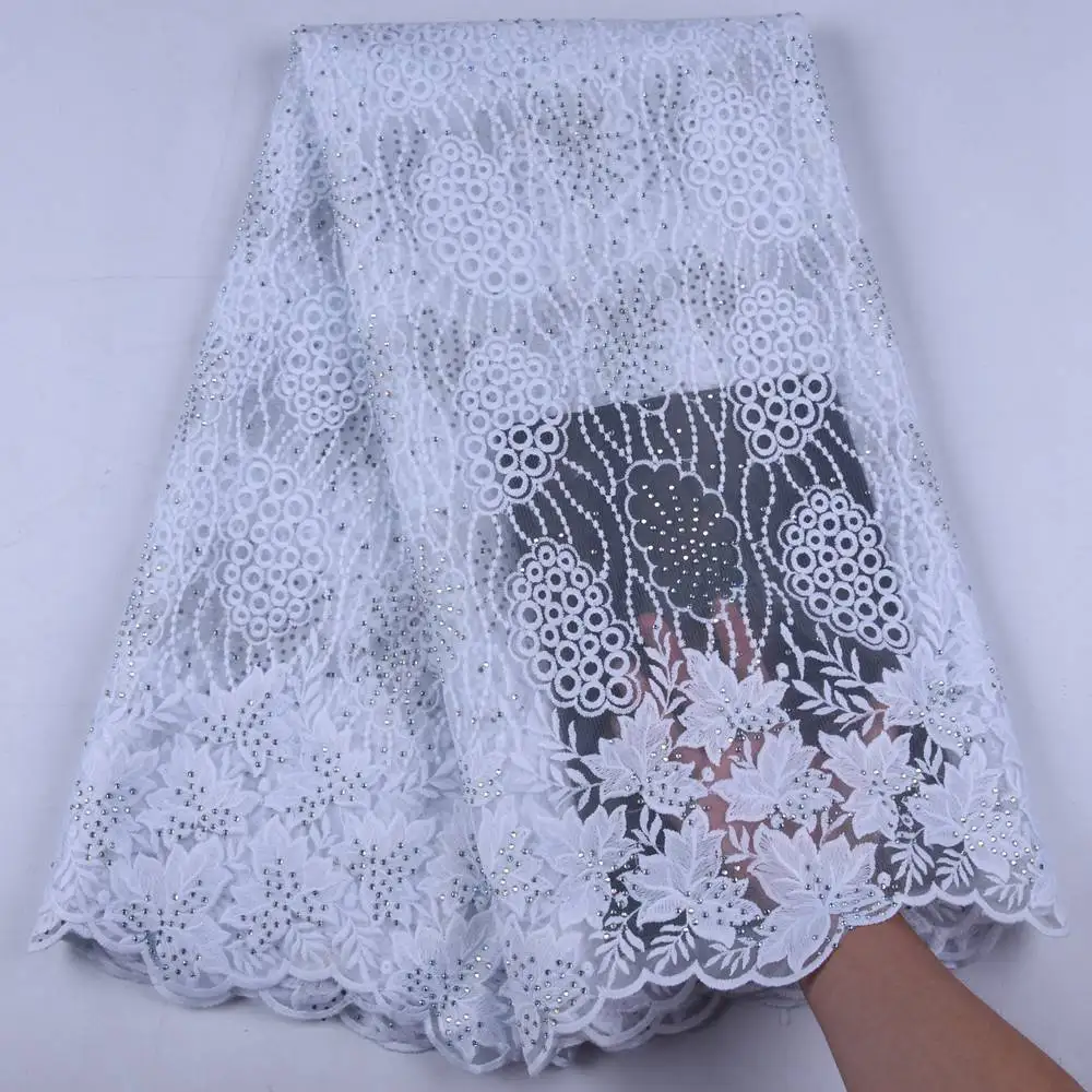 

Best Selling African Lace Fabric Pure White Milk Silk Lace Fabric High Quality French Nigeria Tulle Lace Fabric With Stone S1644