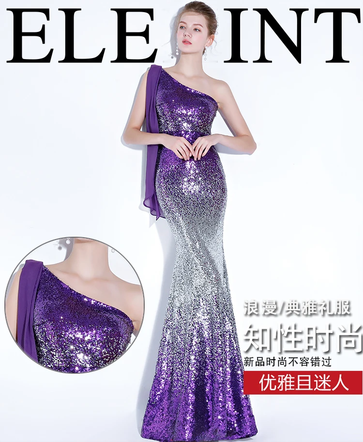 Фиолетовый sequines одно плечо Русалка Леди Девушка для женщин принцесса подружки невесты платье для банкета, вечеринки платье