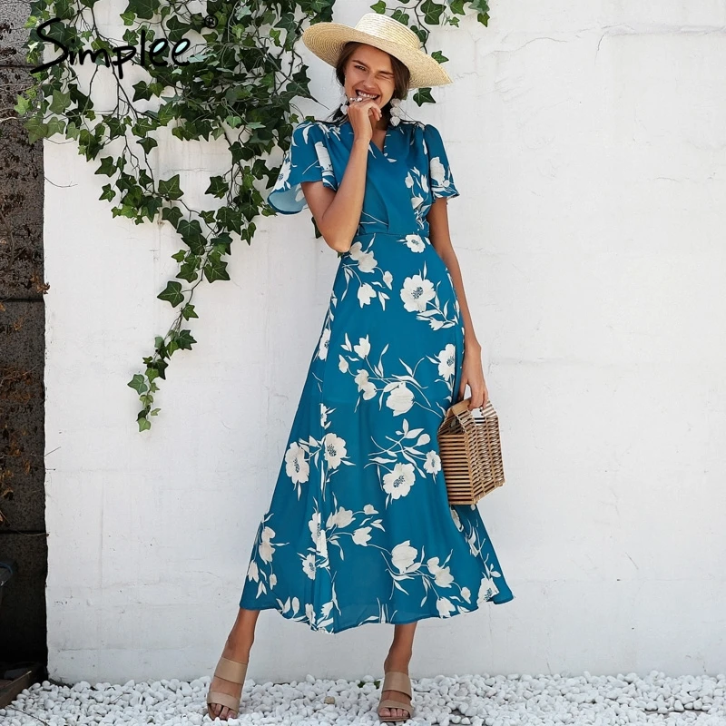 Simplee Boho цветочным принтом платье макси женские пикантные v шеи обернуть длинное с