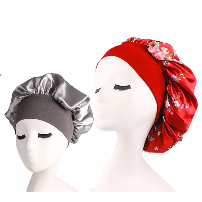 

2 pcs/lot Women's Satin Solid Wide-brimmed plain and floral print Sleeping Hat Night Sleep Cap Hair Care Bonnet Nightcap
