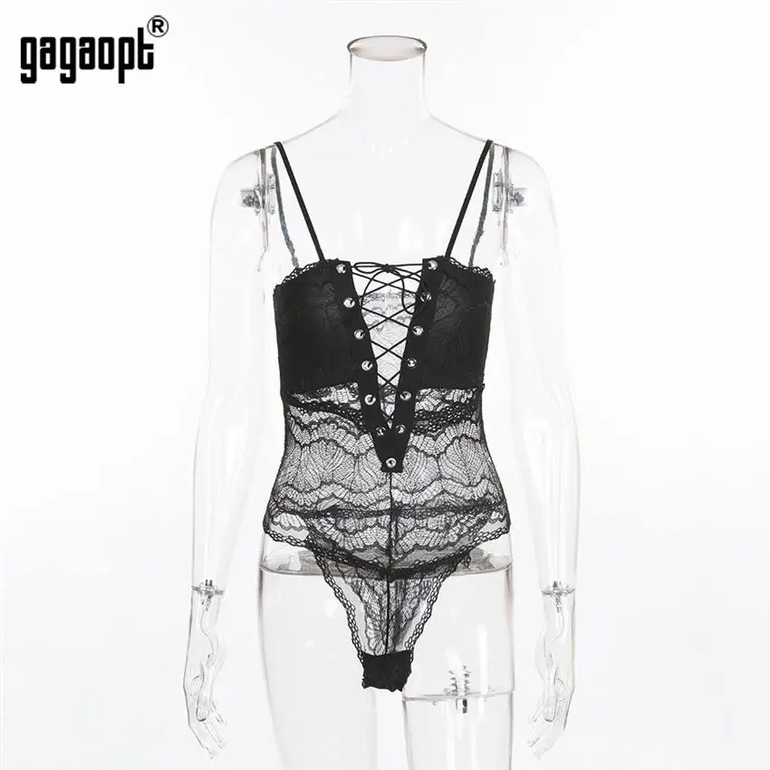Gagaopt Кружевное боди для женщин цветочный сексуальный боди Модный облегающий боди комбинезон уличная одежда - Цвет: Черный