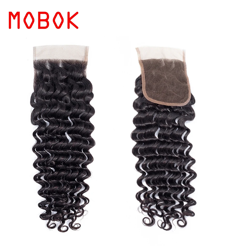 MOBOK Deep Wave Brazilian Human Hair 4*4 Lace Closure Free/Middle/Three Part Non-Remy Natural Color Free Shipping | Шиньоны и парики