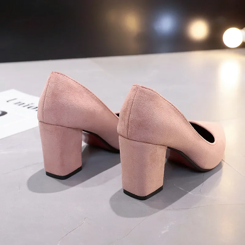 

New Women Pumps Flock Sweet Thick High Heels Female Sexy Office Pointed Toe Dress Work Pump Cute Shoes Ladies Footwear