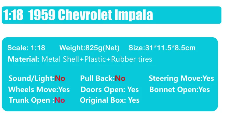 Дорожный Подпись классический Chevy 1959 Chevrolet lmpala Spyder литья под давлением 1:18 большой металлическое ведро модели автомобилей и игрушечные транспортные средства для детей