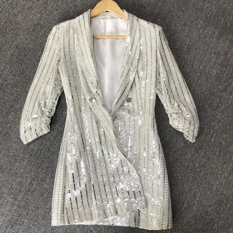 Серебряное женское сексуальное офисное платье с половинными рукавами и v