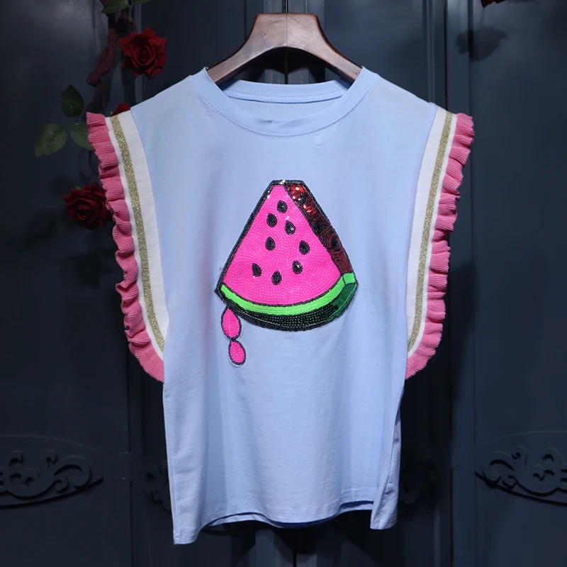 Amolapha Women Sequined Watermelon Butterfly Sleeve Tshirts Tees Woman Ruffles Patchwork Jumper Tops Clothing | Женская одежда