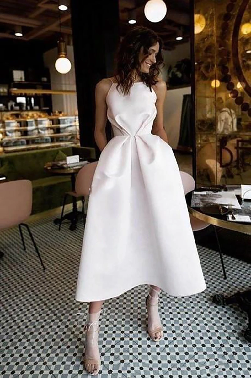 LORIE дешевые короткие свадебные платья Спагетти ремни Robe De Mariage атласное свадебное платье Элегантное до середины икры свадебное платье