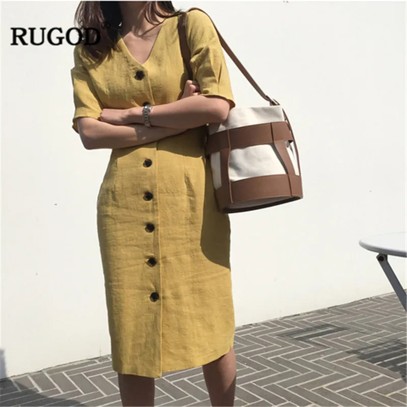 Женское однобортное платье RUGOD желтое однотонное до колена с короткими рукавами