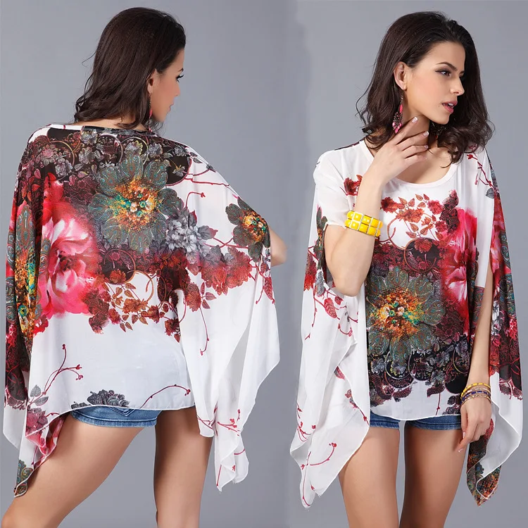 Baharcelin New Summer chiffon Blouse Batwing Sleeve Casual Women Loose Irregular Blouse Printed Floral Chiffon Tops for beach images - 6