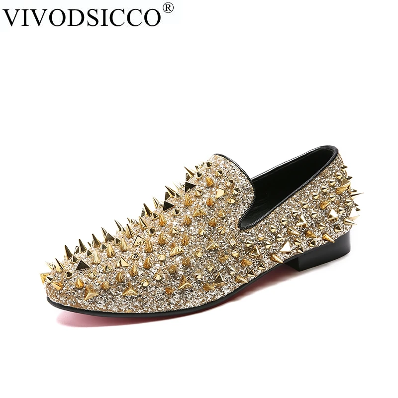 

Мужские Блестящие Мокасины VIVODSICCO с заклепками, Модные Повседневные туфли на толстой подошве, мужские лоферы для прогулок и выпускного вече...