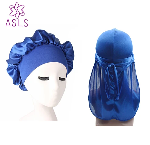 New Men and women Silk Durag Bandana Headwear Wide Doo Rag Bonnet Polyester Cap Comfortable Sleeping Hat 2pcs/lot