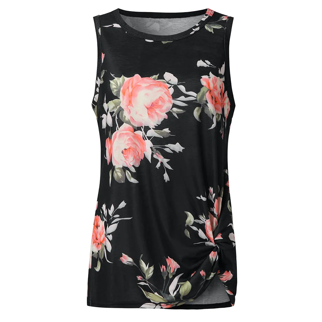 Sleeveless Blouses Woman 2019 O-Neck Floral Print Summer Shirt Asymmetrical Knotted Hem Blouse Tunics Short Haut Femme |